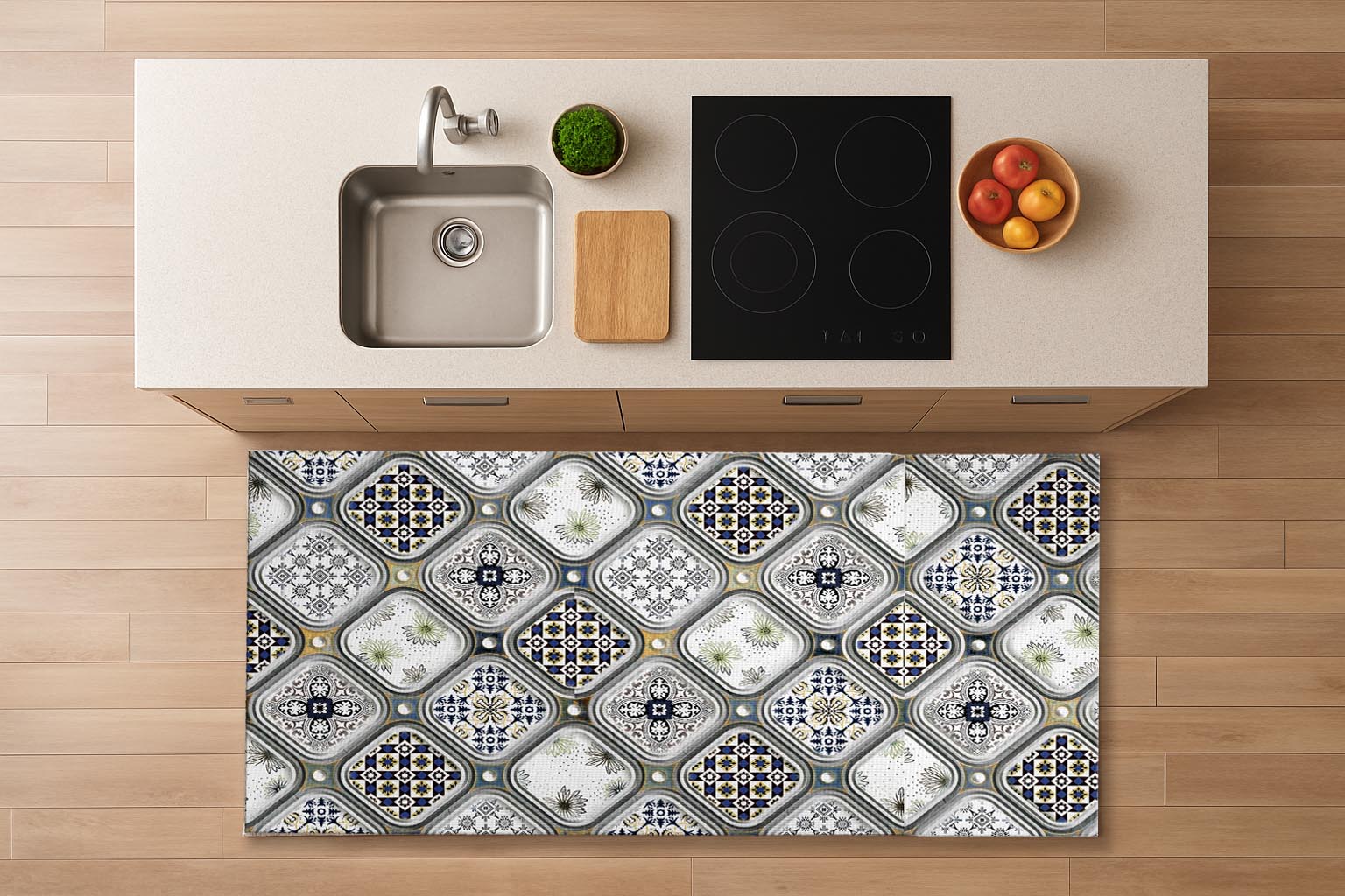 Alfombra de vinilo vinílica hidraúlica antimanchas para cocina salón por metros al corte - Rombos baldosa retro 7100016