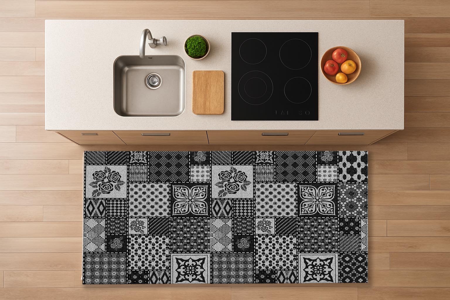Alfombra de vinilo vinílica hidraúlica antimanchas para cocina salón por metros al corte - Patchwork gris negro 7100017