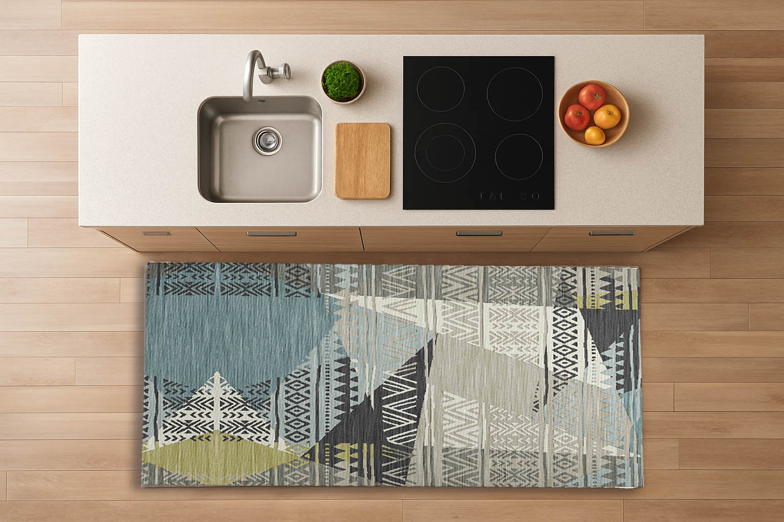 Alfombra de vinilo vinílica hidraúlica antimanchas para cocina salón por metros al corte - Étnico moderno 7100011