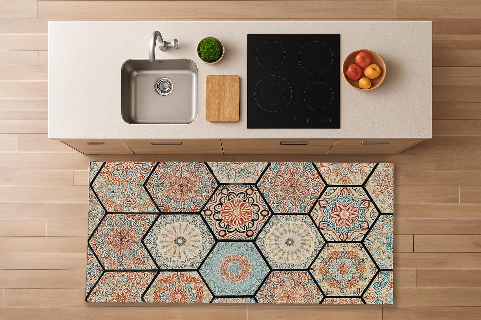 Alfombra de vinilo vinílica hidraúlica antimanchas para cocina salón por metros al corte - Patchwork geométrico rosetones 7100021