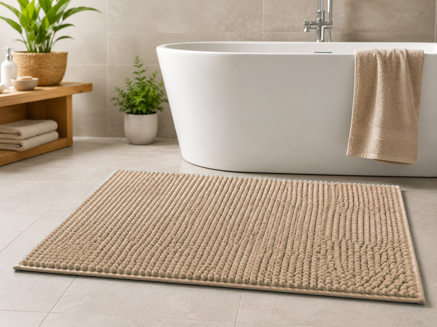 Alfombrilla Baño Antideslizante de Microfibra Chenilla Absorbente Comoda y Suave - Color Beige Crema 7442000-2